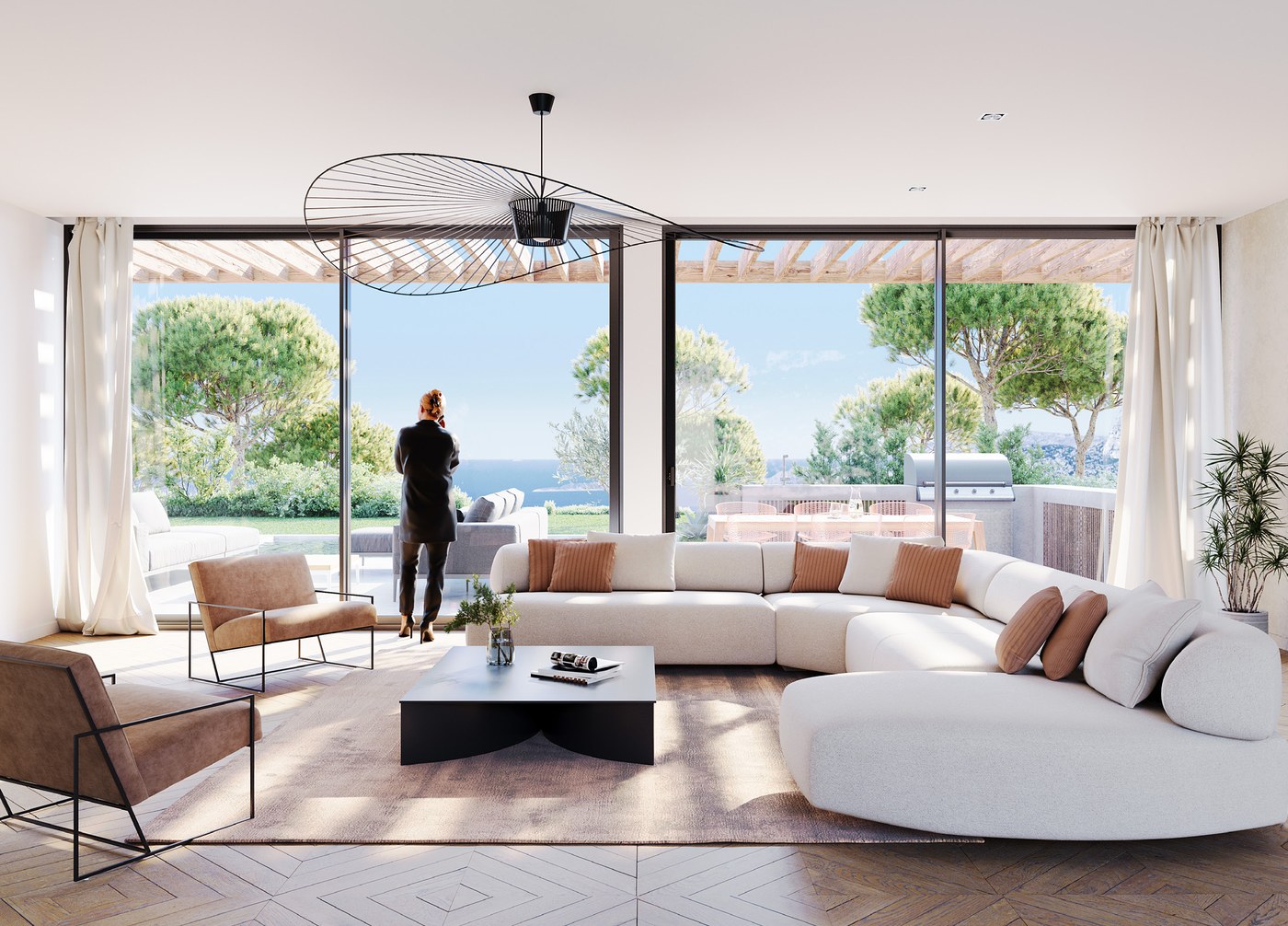 Salon avec grande baie coulissante aluminium